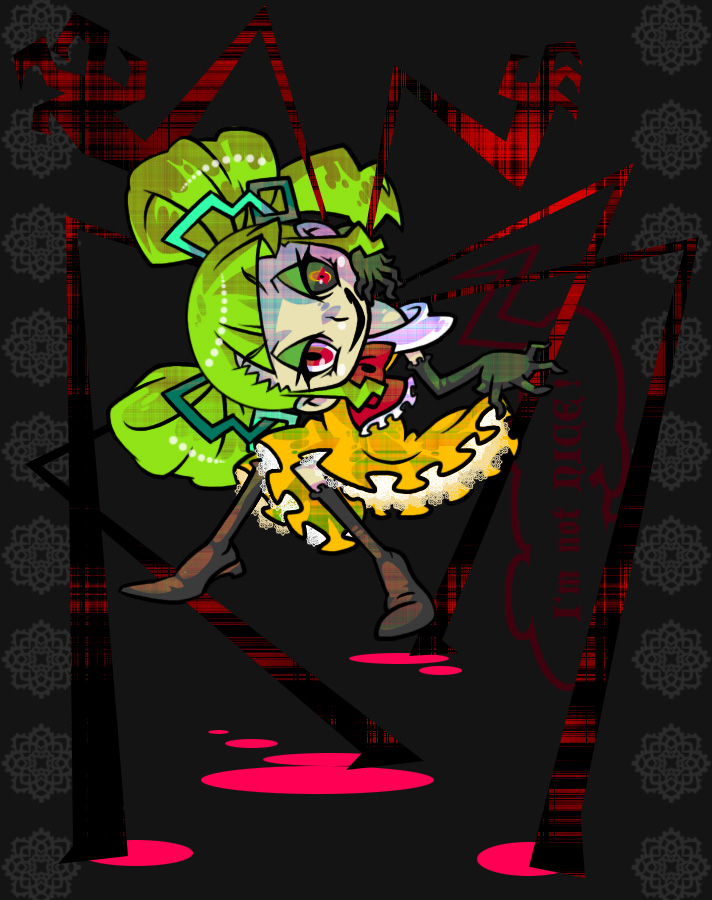 bad_id bad_pixiv_id black_sclera boots bow crazy_smile dress elbow_gloves frills gloves green_eyes green_hair hair_ribbon head_tilt heterochromia manera mario_(series) mismatched_sclera multiple_arms multiple_legs naco24 pale_skin paper_mario personification red_eyes ribbon smile solo spoilers super_mario_bros. super_paper_mario transformation