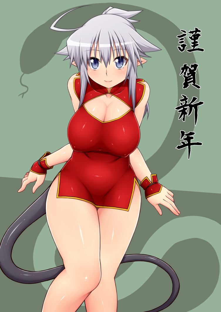 ahoge alumina blue_eyes blush breasts china_dress chinese_clothes cleavage collarbone curvy dress from_above large_breasts looking_up new_year original pointy_ears silhouette silver_hair smile snake solo tail thigh_gap zin_(goraku_hiroba)