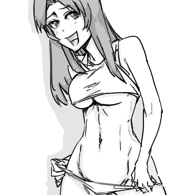 bare_shoulders bb_(baalbuddy) blush breasts crop_top greyscale kawashima_ami large_breasts lineart long_hair midriff monochrome navel open_mouth panties panty_pull smile solo toradora! underboob underwear