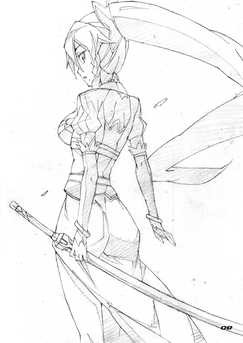 bad_id bad_pixiv_id graphite_(medium) greyscale leafa long_hair mijinnko monochrome solo sword sword_art_online traditional_media weapon