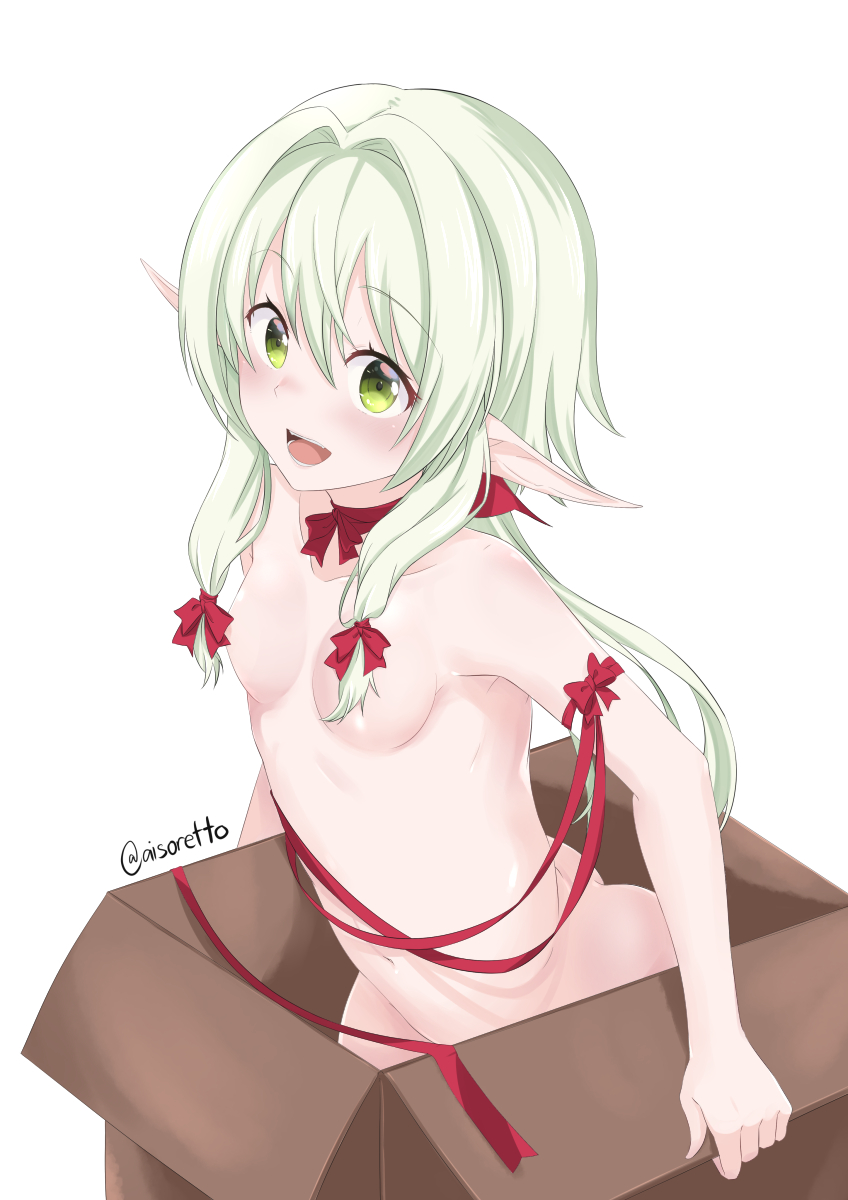 aisoretto box breasts convenient_censorship elf eyelashes female goblin_slayer green_eyes hair hair_covering_breasts hair_ribbon high_elf_archer humanoid in_box not_furry nude open_mouth pointy_ears ribbons solo