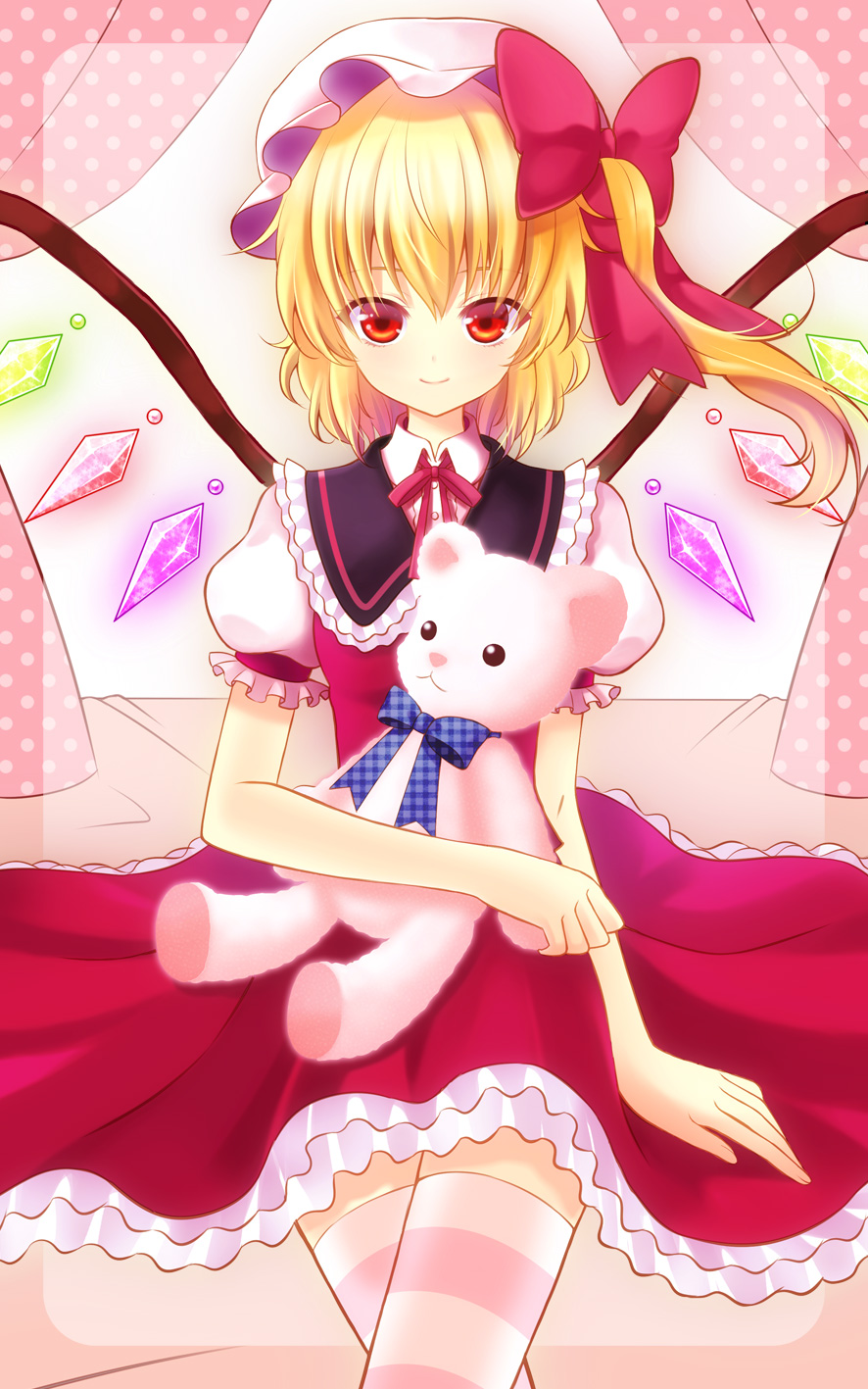 bad_id bad_pixiv_id blonde_hair bow dress flandre_scarlet hair_bow hat highres long_hair looking_at_viewer red_dress red_eyes side_ponytail smile solo striped striped_legwear stuffed_animal stuffed_toy teddy_bear thighhighs tougetsu_hajime touhou wings