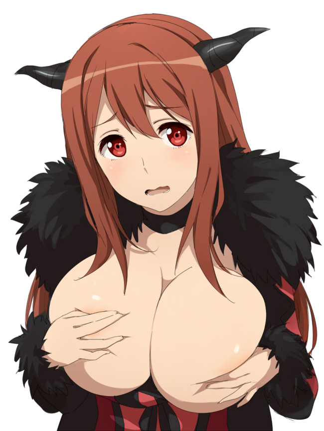 blush breast_squeeze breasts breasts_outside brown_hair choker covering covering_breasts covering_nipples demon_girl embarrassed fur horns large_breasts long_hair looking_at_viewer maou_(maoyuu) maoyuu_maou_yuusha official_style red_eyes shirokuma-kun simple_background solo upper_body wavy_mouth white_background