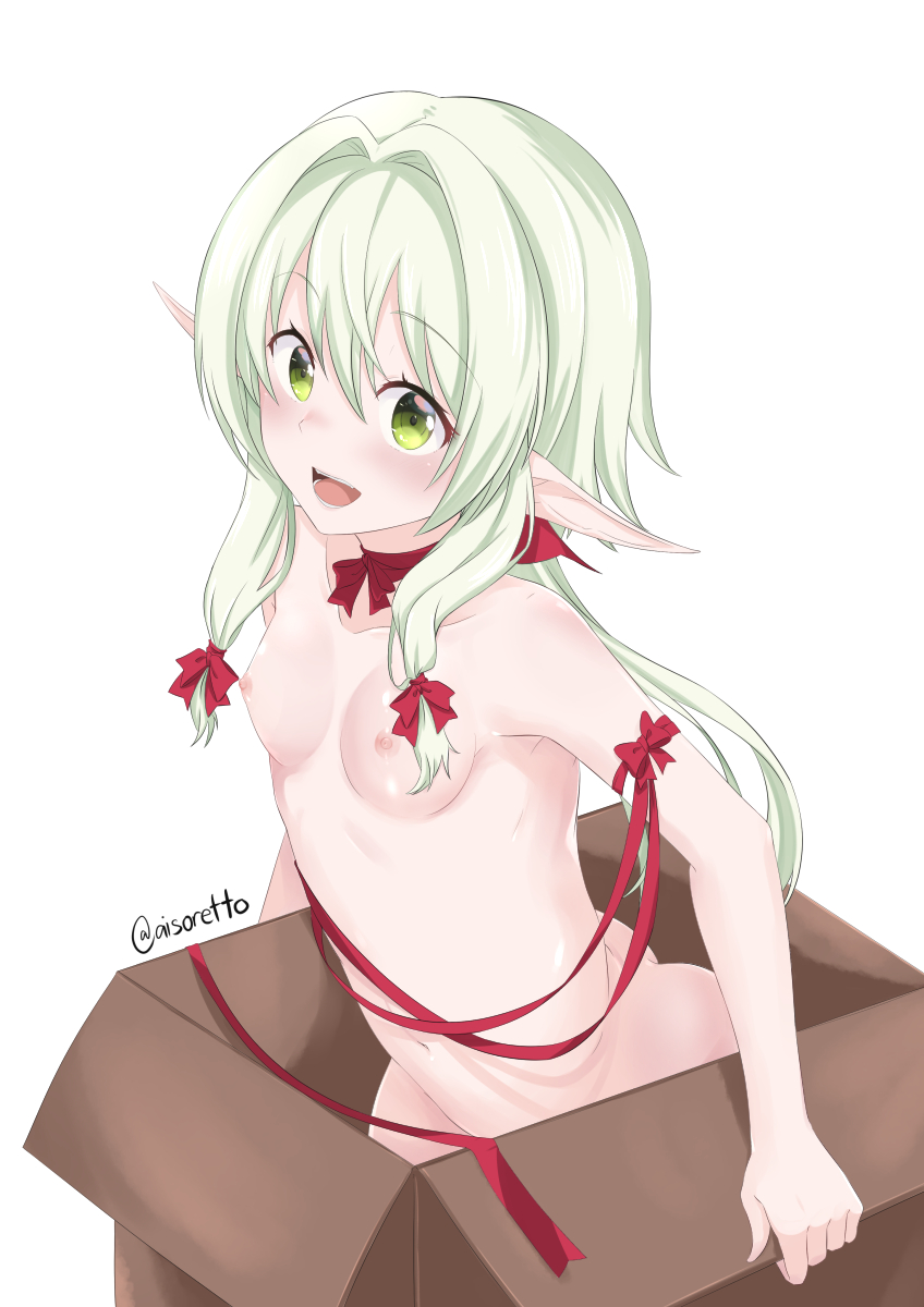 aisoretto box breasts elf eyelashes female goblin_slayer green_eyes hair hair_ribbon high_elf_archer humanoid in_box nipples not_furry nude open_mouth pointy_ears ribbons solo