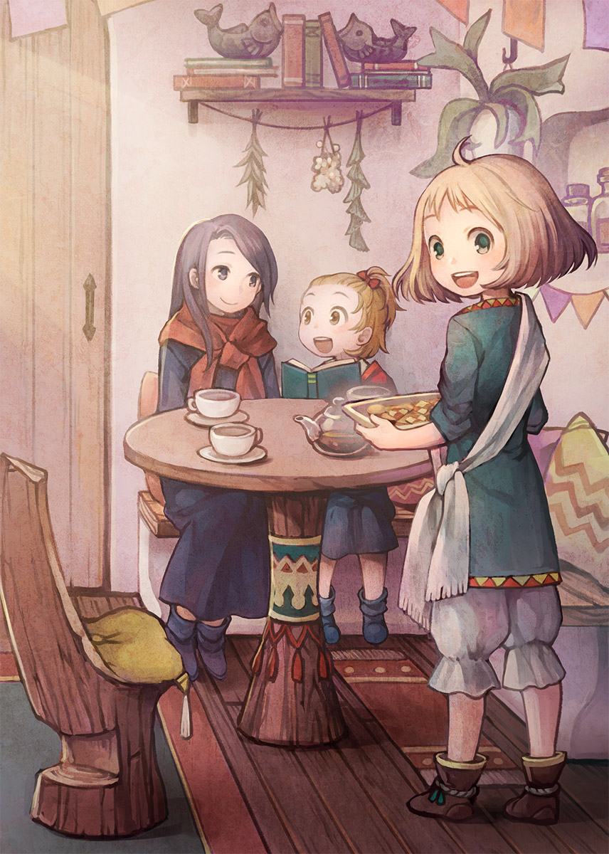 3girls blonde_hair book chair cup female from_behind indoors kettle kiitos looking_back multiple_girls open_mouth original shoes short_hair sitting smile standing teacup