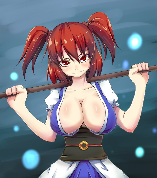 blush breasts cleavage dream_demon hair_bobbles hair_ornament huge_breasts no_bra obi onozuka_komachi over_shoulder red_eyes red_hair sash slender_waist solo touhou two_side_up weapon weapon_over_shoulder