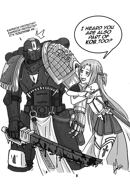 armor asuna_(sao) bare_shoulders blood bloody_weapon blush chainsword crossover dress english greyscale long_hair monochrome mr_rumbles open_mouth power_armor purity_seal space_marine sword sword_art_online thighhighs warhammer_40k weapon