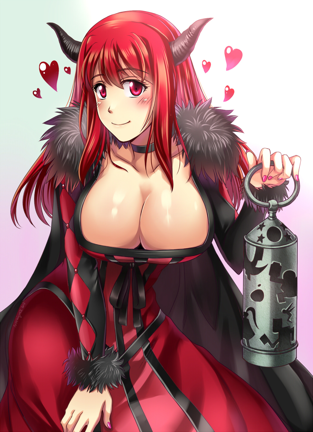 argyle blush breasts choker cleavage dress heart highres horns huge_breasts long_hair looking_at_viewer maou_(maoyuu) maoyuu_maou_yuusha nail_polish red_dress red_eyes red_hair smile solo songwut_ouppakarndee