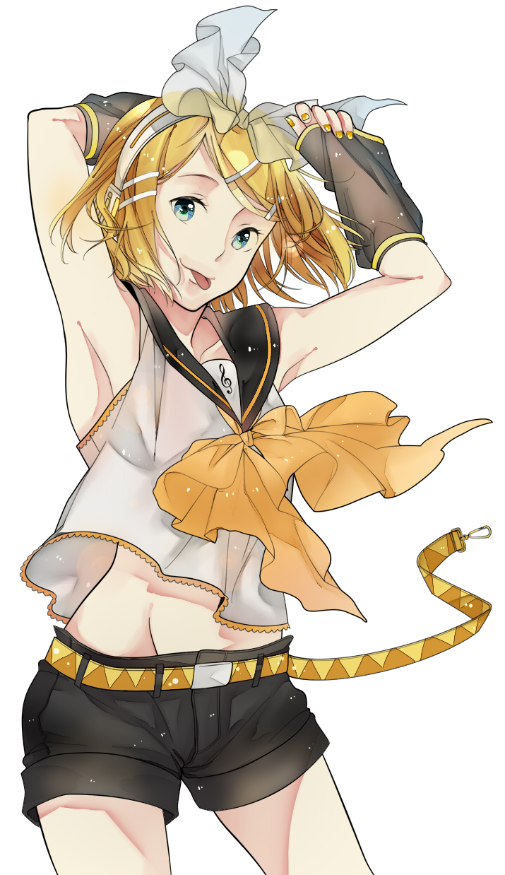 :p armpits arms_up bad_id bad_pixiv_id blonde_hair blue_eyes ciel_ciel colorized headphones highres kagamine_rin shorts simple_background smile solo tongue tongue_out vocaloid white_background