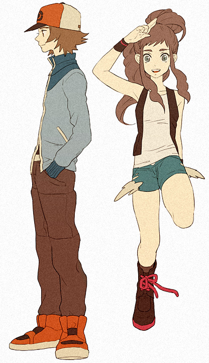 1girl bad_id bad_pixiv_id bare_legs baseball_cap brown_hair denim denim_shorts full_body hat jacket k-mica looking_at_viewer open_mouth pokemon pokemon_(game) pokemon_bw ponytail shorts touko_(pokemon) touya_(pokemon) v