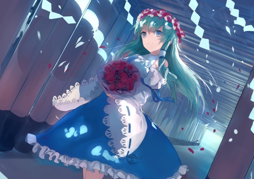arm_ribbon bad_id bad_pixiv_id bare_shoulders blue_dress blue_eyes bouquet bride detached_sleeves dress dutch_angle flower frog_hair_ornament green_hair hair_flower hair_ornament head_wreath kochiya_sanae long_hair long_sleeves multiple_torii petals ran_(pixiv2957827) red_flower red_rose ribbon rose shide smile snake_hair_ornament solo touhou walking wide_sleeves wind