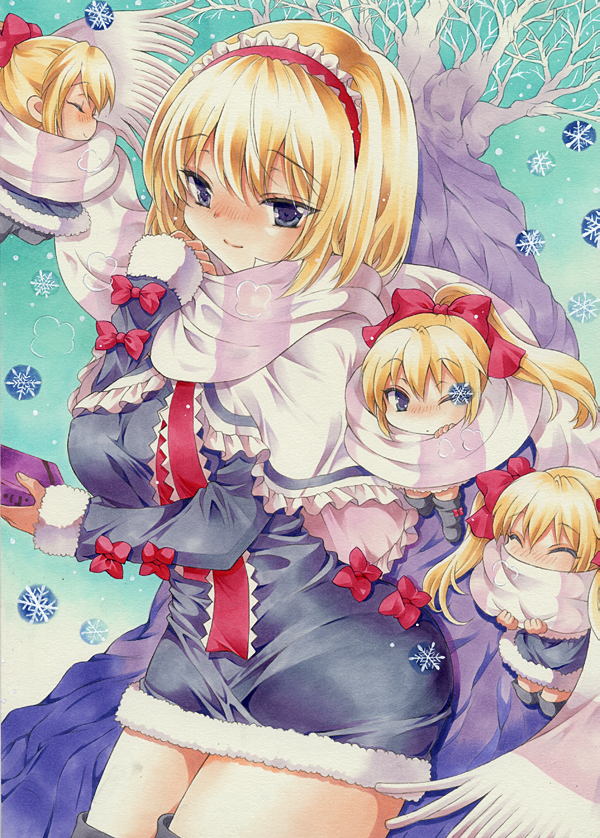 adapted_costume alice_margatroid blonde_hair blue_background blue_eyes book boots bow breasts capelet closed_eyes covering_mouth dress fur_trim gradient gradient_background hair_bow headband koto_(marron_marron) large_breasts light_smile marker_(medium) millipen_(medium) one_eye_closed ponytail ribbon scarf shanghai_doll shared_scarf short_hair sleeves_past_wrists smile snowflakes touhou traditional_media tree twintails