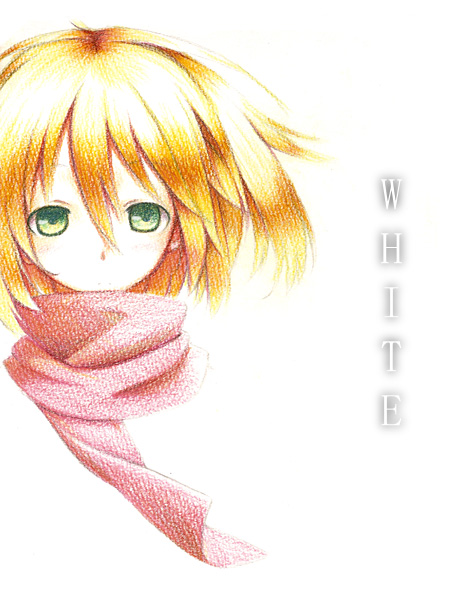brown_hair copyright_request green_eyes majima_yuki scarf short_hair simple_background solo traditional_media