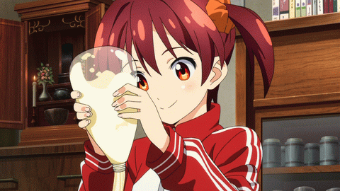 altar animated animated_gif book bookshelf bowl cabinet candle flower hypnotic isshiki_akane jacket jar looping_animation lowres mayonnaise non-web_source red_eyes red_hair solo squeeze_bottle track_jacket twintails vase vividred_operation