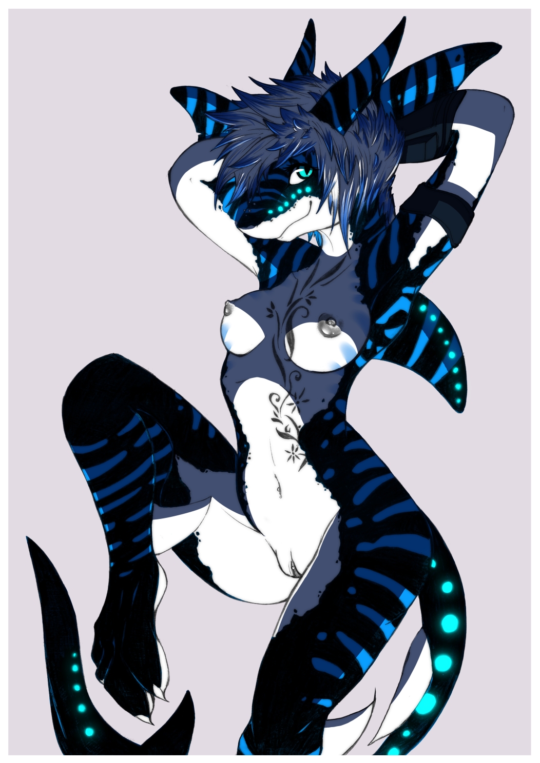 anthro bioluminescence blue blue_eyes blue_hair blue_markings breasts claws clothed clothing female fish glowing hair hands hindpaw looking_at_viewer marine markings mirapony multi-colored_body nika_(shark) nipples nude paws piercing plain_background pussy shark short_hair skimpy solo standing stripes tattoo
