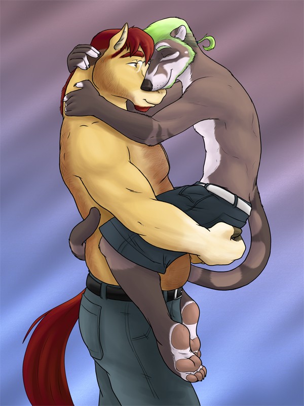 belt clothing coati cuddling eclipsewolf equine eyewear facial_hair gay glasses horse hug jeans male mammal muscles pawpads ponytail romantic shorts size_difference
