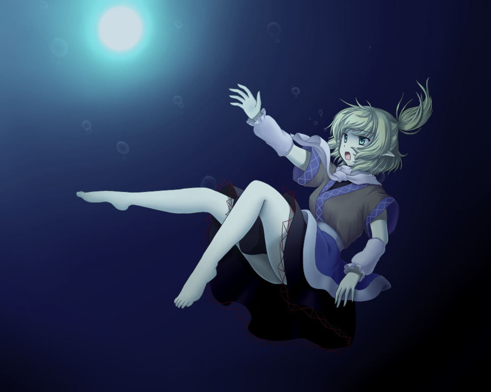 arm_warmers bad_id bad_pixiv_id bare_legs barefoot blonde_hair blue_background bubble darkness green_eyes isaki_(gomi) light mizuhashi_parsee open_mouth outstretched_arm pointy_ears ponytail sash scarf shirt short_sleeves skirt solo touhou underwater wet wet_clothes