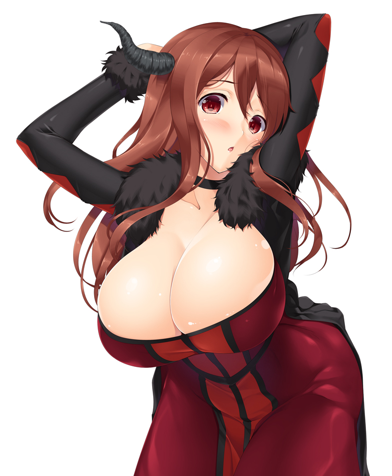 :o arms_up blush breasts brown_hair choker cleavage demon_girl demon_horns dress fur_trim horns huge_breasts long_hair looking_at_viewer maou_(maoyuu) maoyuu_maou_yuusha nakano_sora pose red_eyes simple_background solo upper_body white_background