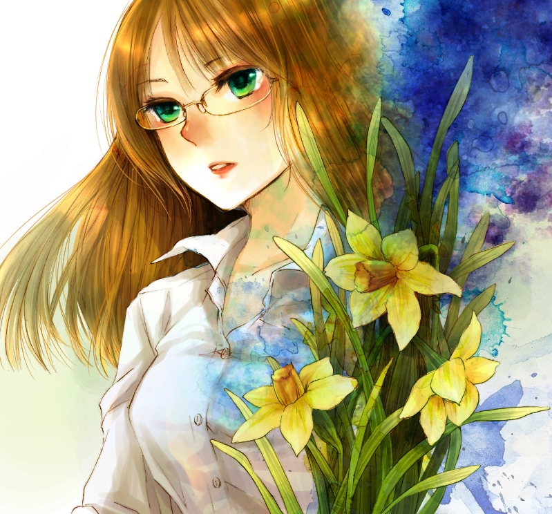 bad_id bad_pixiv_id brown_hair daffodil flower glasses green_eyes lips long_hair mitsu7621 original plant upper_body