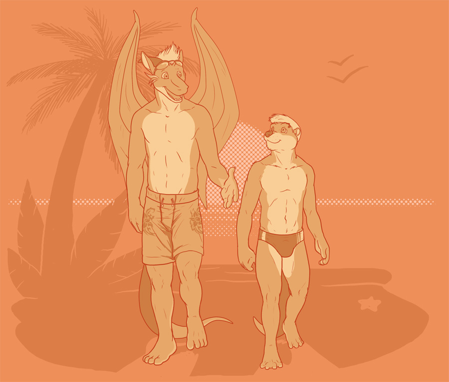beach biceps bulge clothed clothing dragon eclipsewolf fangs fur hair half-dressed male mammal muscles mustelid open_mouth otter palm_tree pecs sand scales scalie seaside shorts speedo swim_trunks swimsuit tongue topless underwear wings