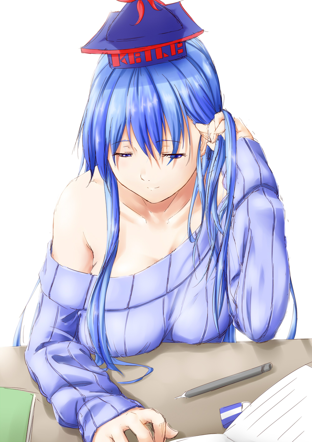 blue_eyes book breasts eraser expressive_clothes hair_tucking hat highres kamishirasawa_keine large_breasts long_hair niwatazumi pen ribbed_sweater sketch smile solo sweater table touhou