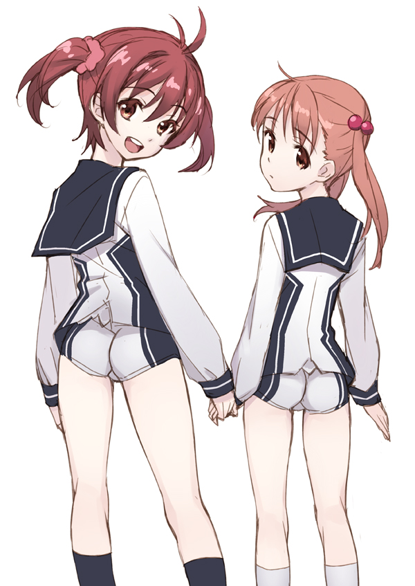 :d ass bad_id bad_pixiv_id brown_eyes brown_hair from_behind holding_hands isshiki_akane isshiki_momo long_hair looking_back matsuryuu multiple_girls national_shin_ooshima_school_uniform open_mouth petite red_hair school_uniform short_hair short_shorts shorts siblings sisters smile twintails vividred_operation