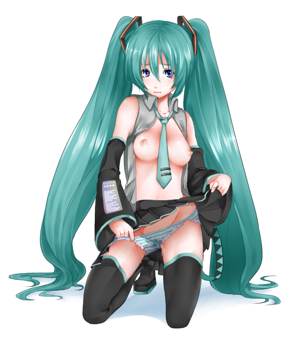 blue_eyes boots breasts detached_sleeves green_hair hatsune_miku hija long_hair medium_breasts necktie nipples open_clothes open_shirt panties pussy_juice shirt simple_background skirt skirt_lift solo striped striped_panties thigh_boots thighhighs twintails underwear very_long_hair vocaloid white_background