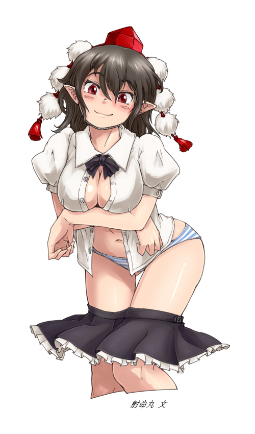 black_hair blue_panties blush breast_hold breasts chin_strap cleavage cropped_legs dress_shirt hat large_breasts looking_at_viewer navel no_pants open_clothes open_shirt oso_(toolate) panties pointy_ears red_eyes shameimaru_aya shiny shiny_skin shirt short_hair simple_background skirt skirt_pull smile solo striped striped_panties thigh_gap tokin_hat touhou underwear white_background