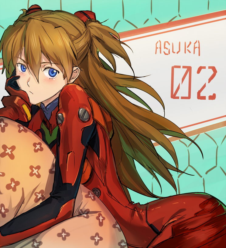 :/ aqua_background arched_back bangs blue_eyes blush bodysuit bracer brown_hair character_name chin_rest closed_mouth cowboy_shot evangelion:_3.0_you_can_(not)_redo from_side gloves hair_between_eyes hand_on_own_cheek headgear honeycomb_(pattern) honeycomb_background long_hair looking_at_viewer neon_genesis_evangelion number pillow pillow_hug pilot_suit plugsuit rebuild_of_evangelion red_bodysuit ryuuzaki_ichi shikinami_asuka_langley sketch solo souryuu_asuka_langley tape turtleneck two_side_up