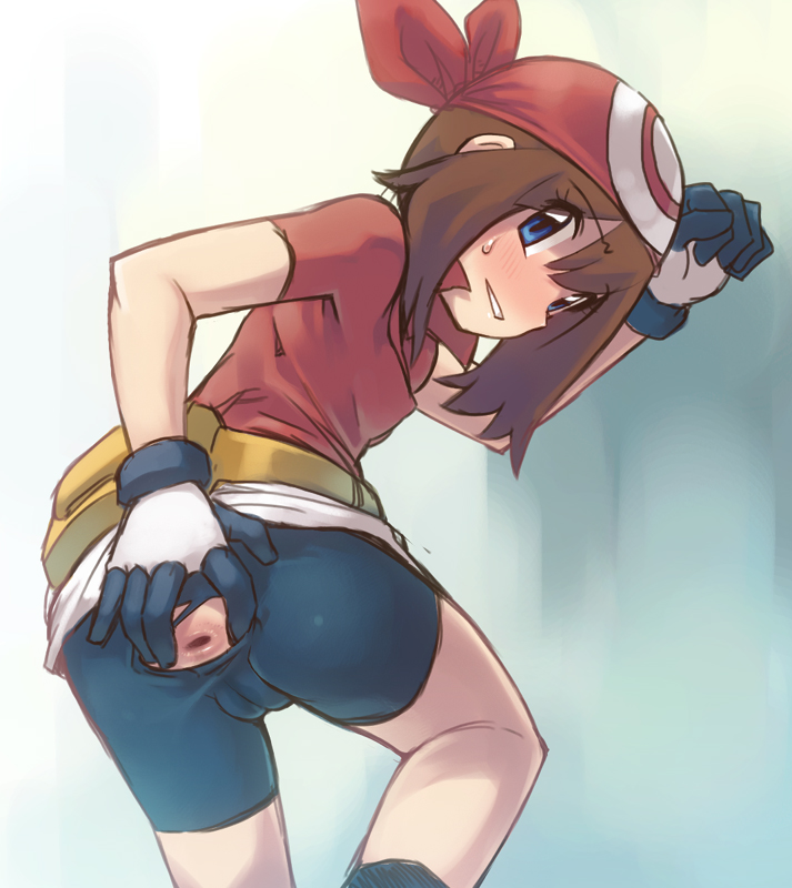 against_wall anus ass bandana belt_pouch bike_shorts blue_eyes blush brown_hair cameltoe fanny_pack from_behind gloves haruka_(pokemon) leg_lift looking_at_viewer looking_back no_panties pokemon pouch presenting profile solo spread_anus stupa13a sweatdrop torn_bike_shorts torn_clothes