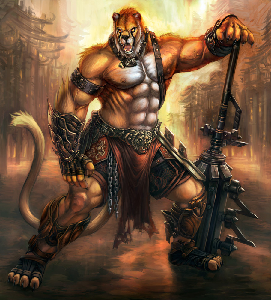 angry anthro armor biceps black_nose cheetahpaws claws clothed clothing feline fire fur half-dressed hammer loincloth male mammal muscles nipples orange_eyes pecs pose solo teeth toe_claws topless tree vein veins weapon wood