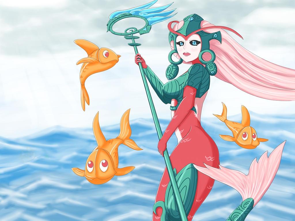alternate_costume armor bad_id bad_pixiv_id black_sclera blue_eyes fish headdress jefflink league_of_legends mermaid monster_girl nami_(league_of_legends) ocean open_mouth scales solo staff tail water weapon