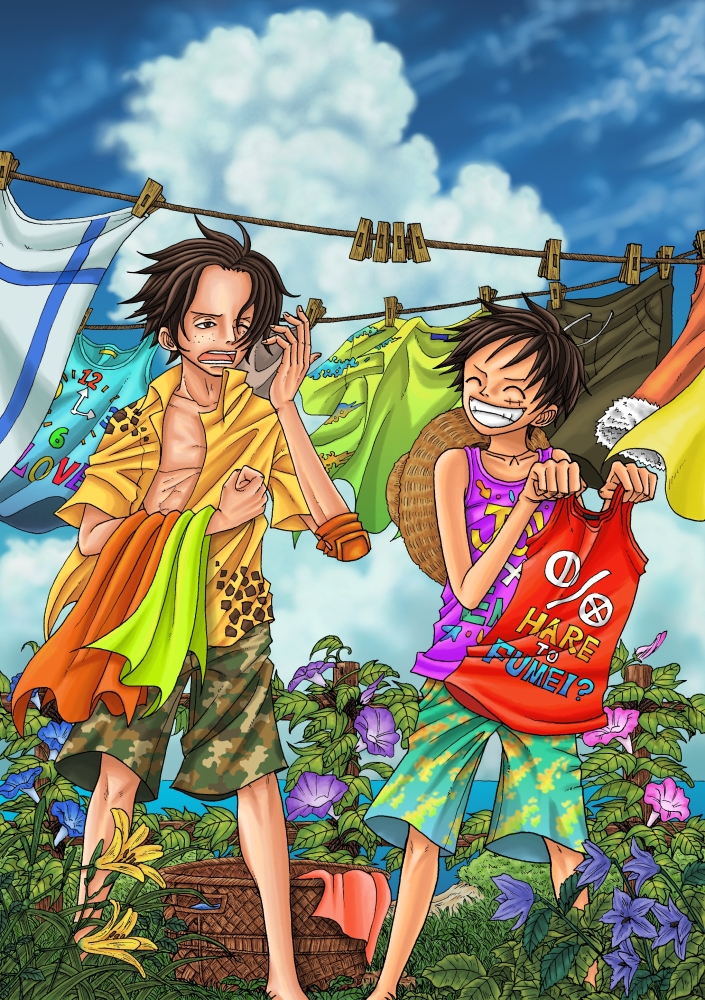 2boys camouflage clothes_line clothes_pin east_blue freckles laundry male male_focus monkey_d_luffy multiple_boys natsuki_(natuki18902) one_piece portgas_d_ace short_hair wavy_hair younger