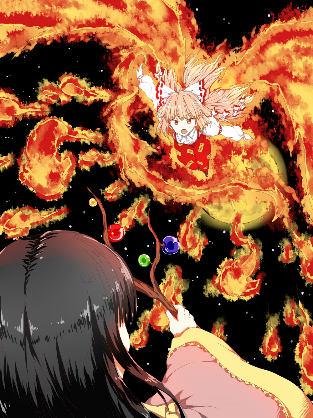 any_(lucky_denver_mint) armband battle black_background black_hair branch danmaku duel fire foreshortening from_behind fujiwara_no_mokou highres houraisan_kaguya japanese_clothes jeweled_branch_of_hourai juliet_sleeves kimono light_particles long_hair long_sleeves looking_at_another multiple_girls open_hand outstretched_arms pants pink_hair puffy_sleeves red_eyes suspenders touhou very_long_hair