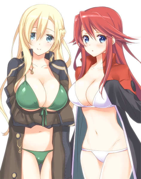 aty_(summon_night) bad_id bad_pixiv_id bikini blonde_hair blue_eyes blush breast_hold breasts cleavage coat crossed_arms esu_(ss_jj) green_bikini green_eyes half_updo huge_breasts large_breasts long_hair looking_at_viewer mint_(summon_night) multiple_girls navel open_mouth red_hair smile standing summon_night summon_night_3 swimsuit white_bikini