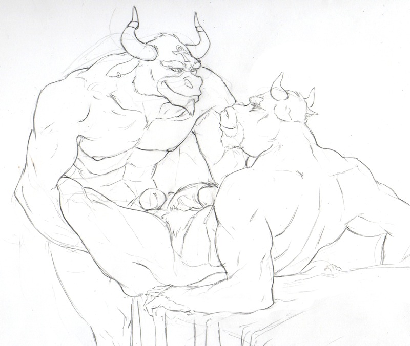 ankh anthro balls beard bed biceps bovine cattle duo ear_piercing erection facial_hair frottage fur gay gingertail gripping holding horn leaking lying male mammal muscles nipples nude on_back pecs penis piercing precum ring sex sketch spread_legs spreading standing table_lotus_position