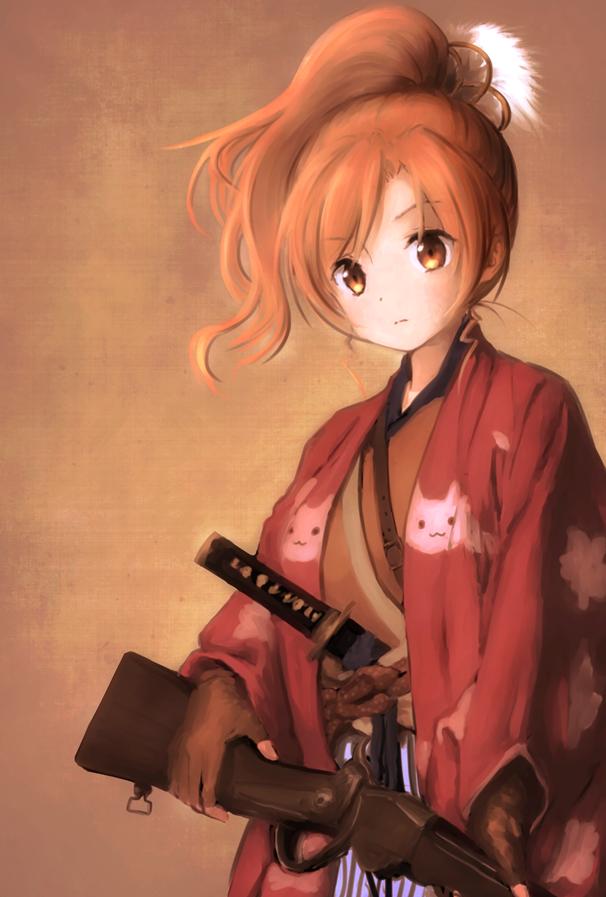 bad_id bad_pixiv_id blonde_hair fingerless_gloves gloves gun hair_ornament hakama japanese_clothes kimono lever_action mahou_shoujo_madoka_magica ponytail rifle samurai short_hair solo tantou tomoe_mami weapon yellow_eyes yoshinogai