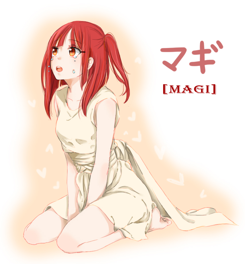 1girl barefoot long_hair magi magi_the_labyrinth_of_magic maintain_(2237320) morgiana open_mouth orange_eyes red_hair side_ponytail simple_background sitting solo tears white_background