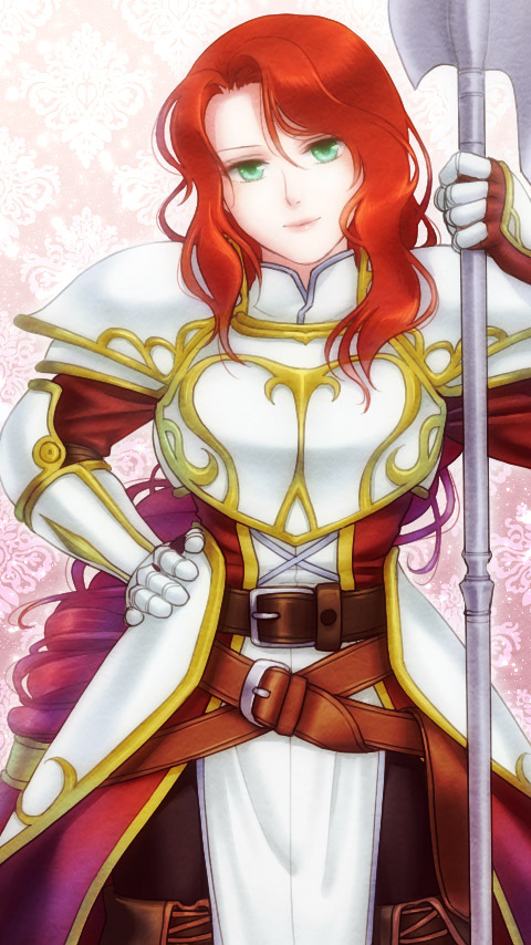 armor axe belt braid fire_emblem fire_emblem:_akatsuki_no_megami fire_emblem:_souen_no_kiseki gauntlets green_eyes hand_on_hip kinoeneko lipstick long_hair makeup polearm red_hair single_braid smile solo tiamat_(fire_emblem) very_long_hair weapon