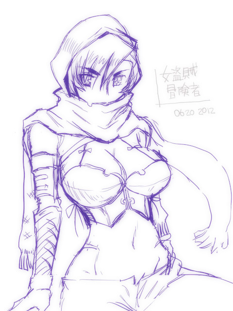 breasts cleavage dated dungeons_&amp;_dragons:_shadow_over_mystara dungeons_and_dragons hood large_breasts midriff monochrome moriah navel scarf short_hair signature sketch solo vambraces zero_hime