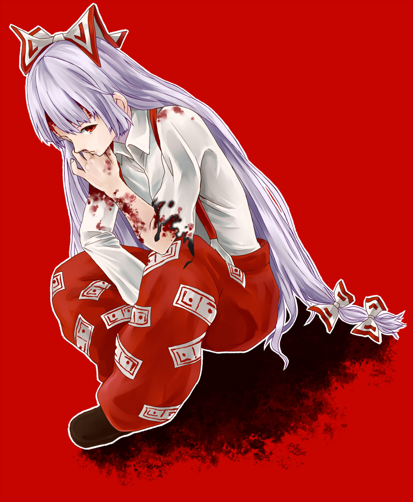 bad_id bad_pixiv_id blood fujiwara_no_mokou full_body injury long_hair looking_up michimaru_(michi) red_background red_hair simple_background sitting solo torn_clothes touhou very_long_hair