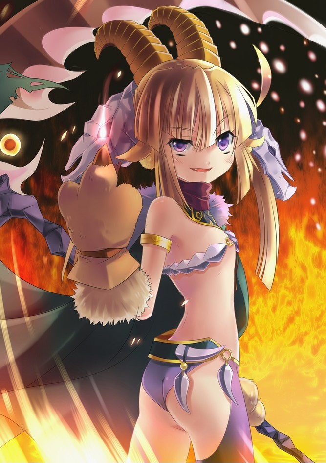 animal_ears ass back baphomet_(monster_girl_encyclopedia) bare_shoulders breasts brown_hair cape fang fire flat_ass horns jiji_(381134808) looking_back middle_finger monster_girl monster_girl_encyclopedia paws petite purple_eyes raised_eyebrow scythe skull small_breasts smirk solo uneven_eyes weapon