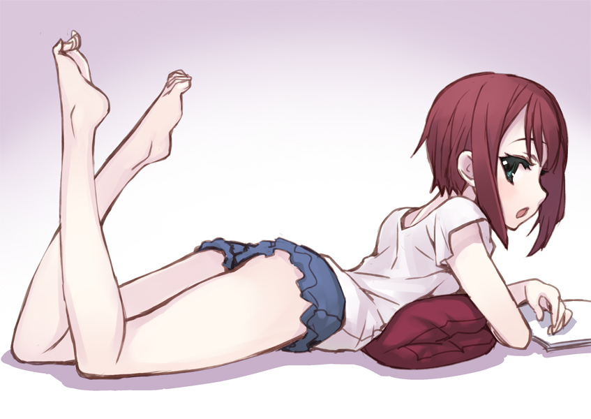 bad_id bad_pixiv_id bare_legs barefoot book brown_hair casual green_eyes kousaka_yukiho legs_up looking_at_viewer love_live! love_live!_school_idol_project lying matsuryuu on_stomach open_book open_mouth pillow short_hair short_shorts shorts sketch solo toes
