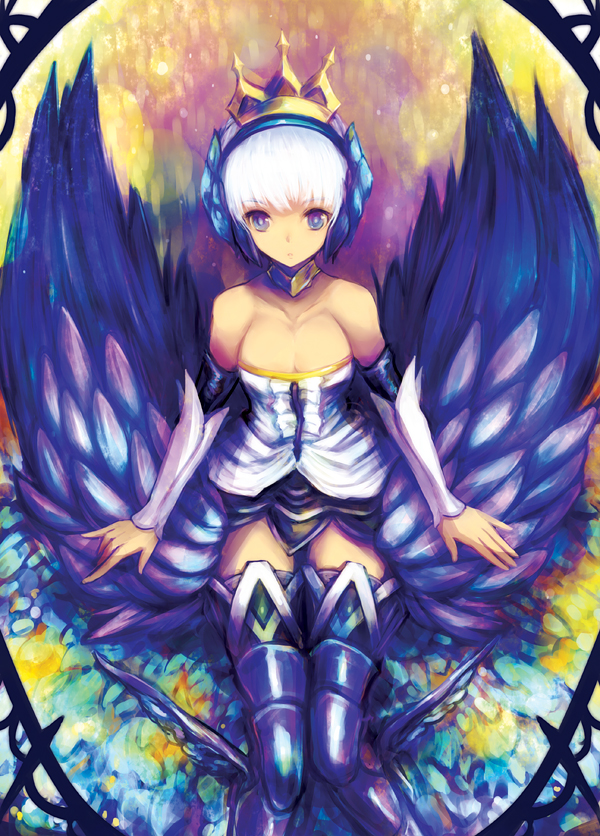 bare_shoulders blue_eyes breasts cleavage detached_sleeves dress gwendolyn kara_(color) medium_breasts odin_sphere short_hair solo strapless strapless_dress valkyrie white_hair