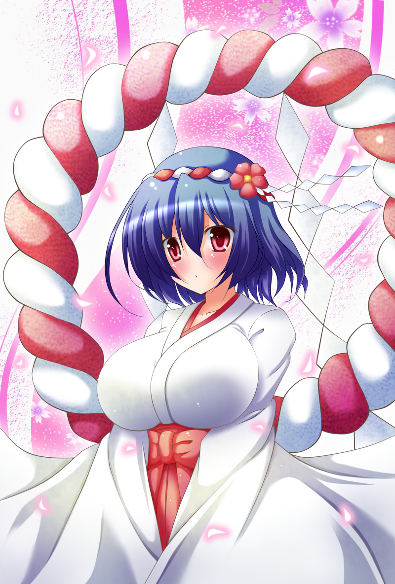 blue_hair blush breasts flower hair_flower hair_ornament huge_breasts japanese_clothes long_sleeves miko osashin_(osada) pink_eyes rope shimenawa solo touhou v_arms wide_sleeves yasaka_kanako