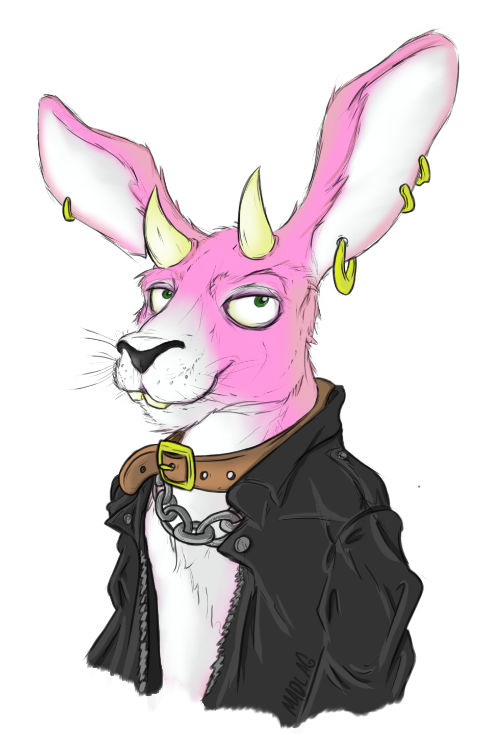 2019 anthro buckteeth chain clothed clothing collar demon digital_drawing_(artwork) digital_media_(artwork) ear_piercing front_view fur hi_res horn jacket jewelry lagomorph leather leather_jacket long_ears looking_at_viewer madlag male mammal multicolored_fur piercing pink_fur portrait pose rabbit smile solo solo_focus standing teeth two_tone_fur