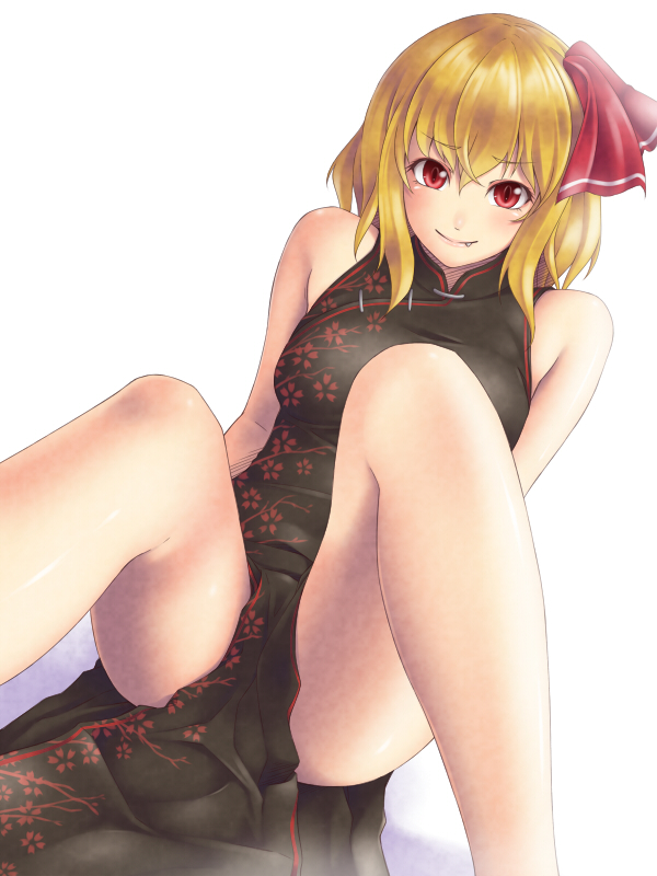 alternate_costume bad_id bad_pixiv_id bare_shoulders blonde_hair blush breasts china_dress chinese_clothes dress fang fang_out hair_ribbon looking_at_viewer medium_breasts mochi.f older red_eyes ribbon rumia short_hair sitting smile solo thighs touhou