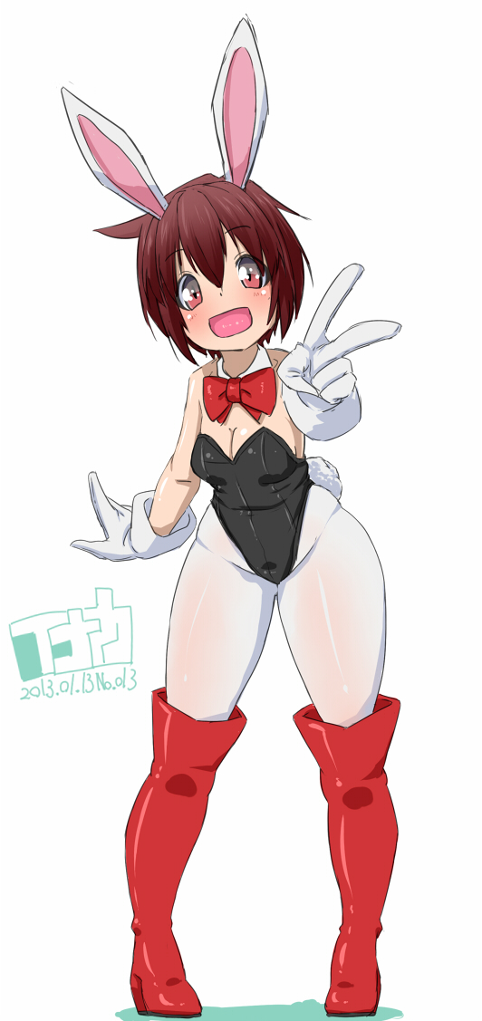 animal_ears boots bow bowtie breasts brown_hair bunny_ears bunny_tail bunnysuit character_request cleavage detached_collar gloves inaka_keikou original pantyhose red_eyes short_hair small_breasts solo tail v white_gloves white_legwear wide_hips