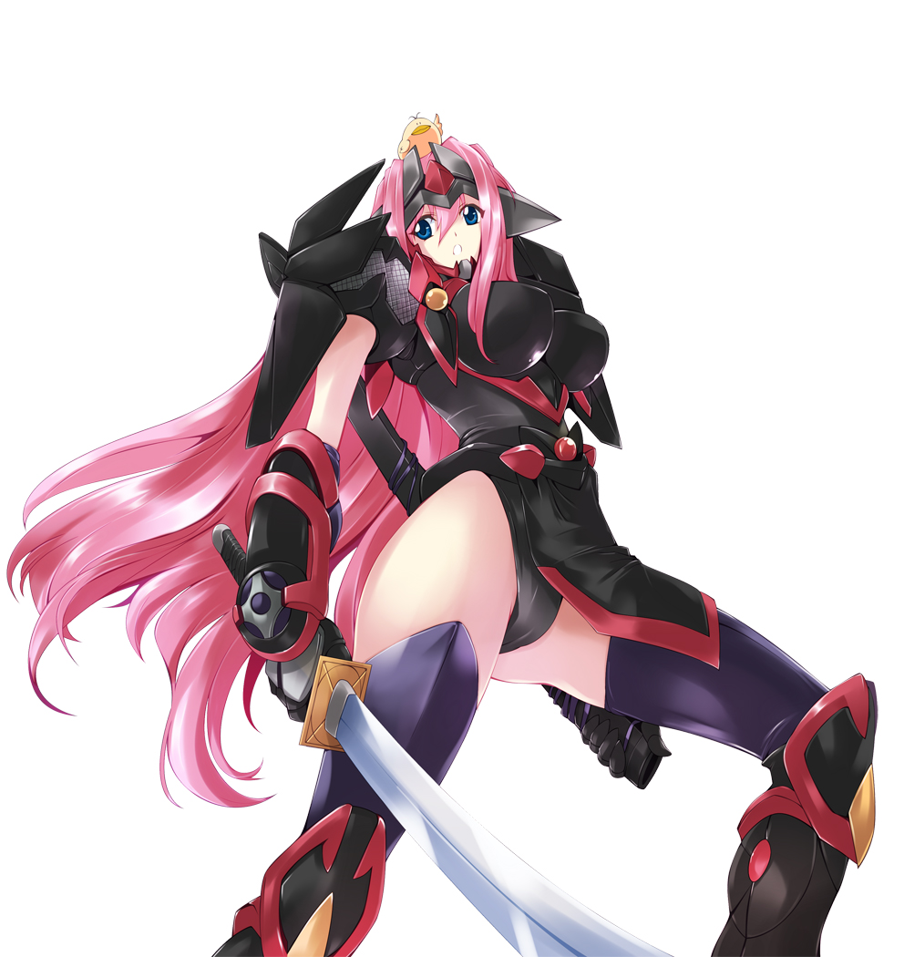 animal animal_on_head bird blue_eyes breasts from_below haganef huge_breasts jinrai katana long_hair mecha_musume on_head open_mouth pink_hair sheath simple_background solo super_robot_wars sword the_2nd_super_robot_wars_og thighhighs thighs very_long_hair weapon white_background