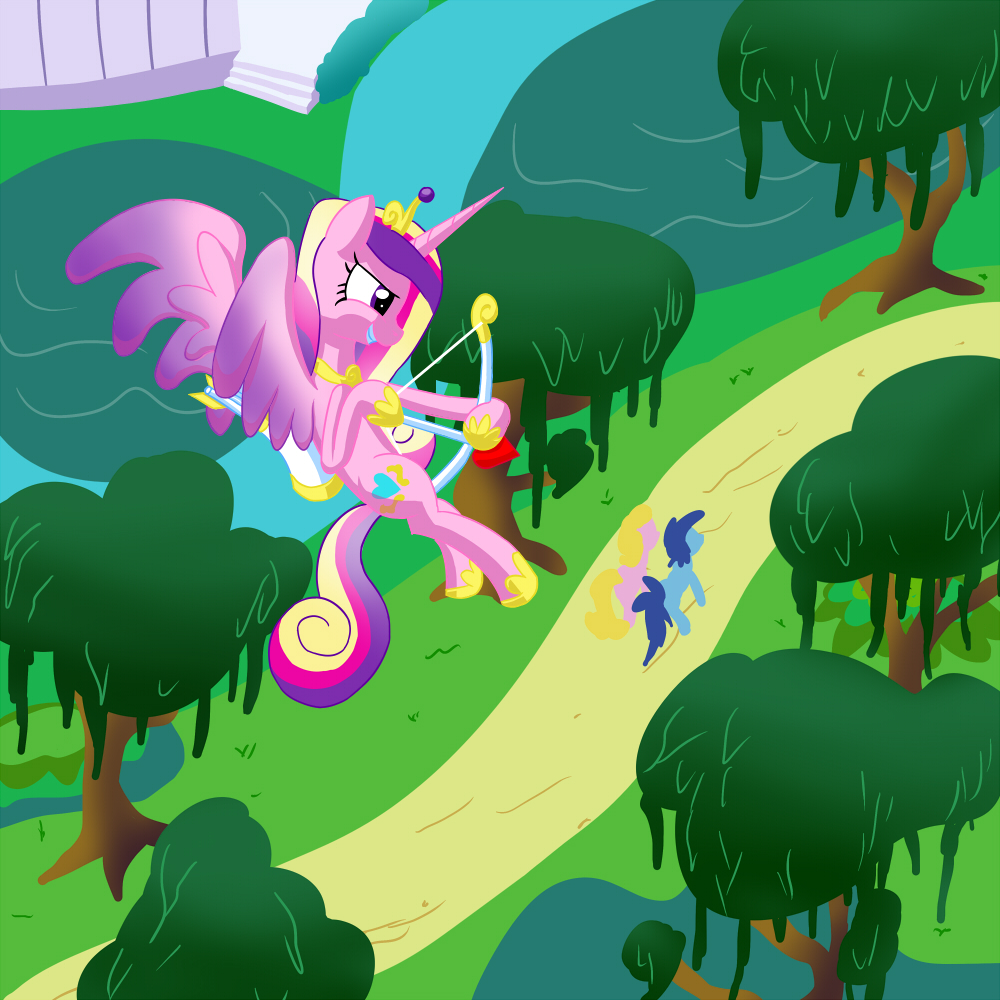 ambiguous_gender arrow bow bow_(weapon) cgeta cupid cutie_mark equine female feral flying friendship_is_magic fur group hair horn horse mammal multi-colored_hair my_little_pony outside pink_fur pony princess_cadance_(mlp) purple_eyes ranged_weapon smile tiara tree weapon winged_unicorn wings